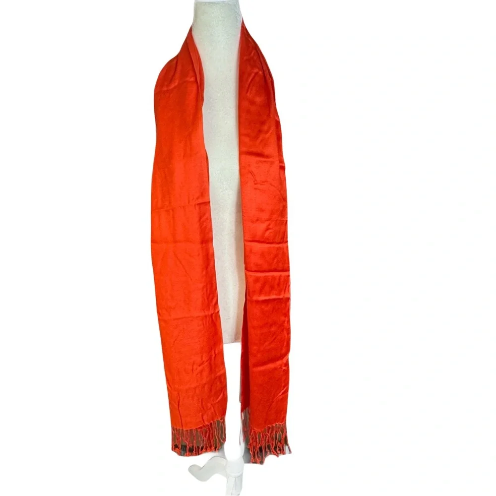 Orange pashmina with fringe EUC long 74” x 21” - Picture 3 of 4